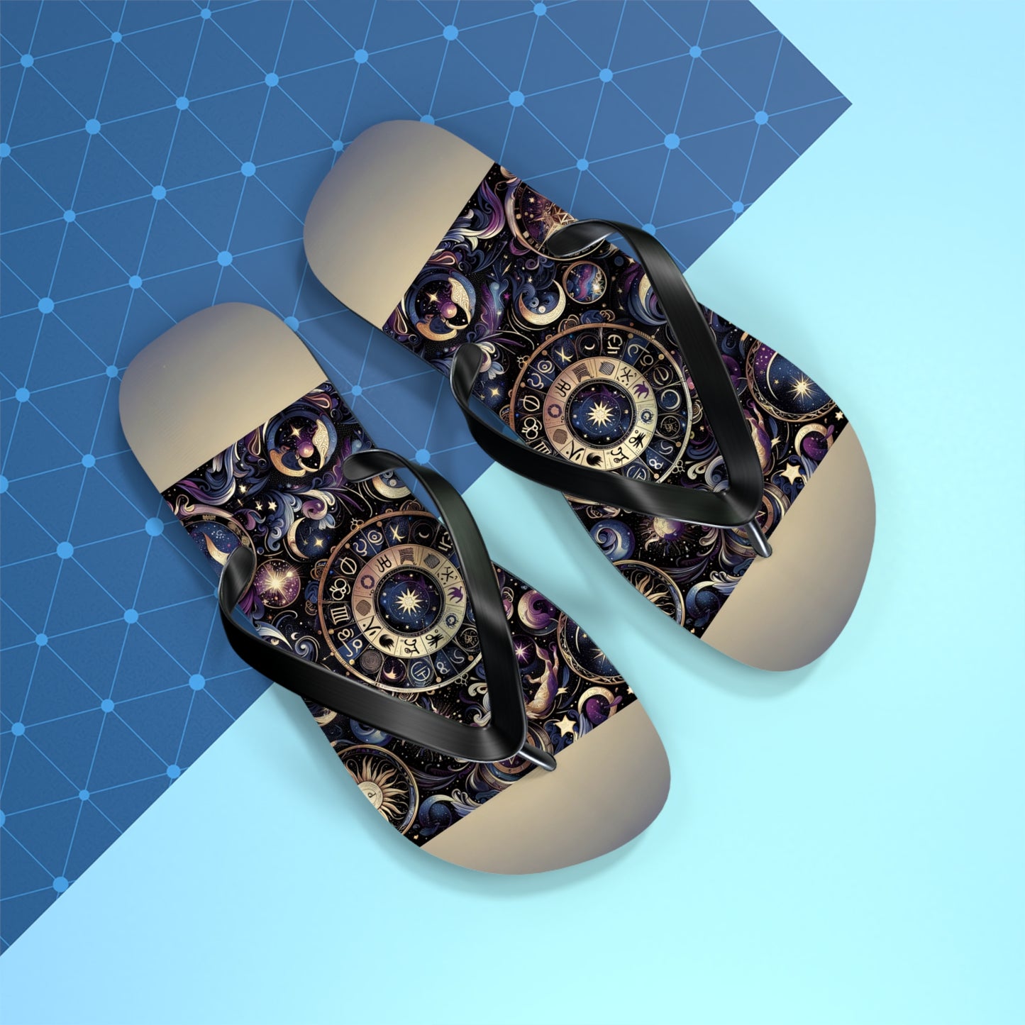 Cosmic Zodiac Wonders Flip Flops - Mystical Astrology-Inspired Footwear