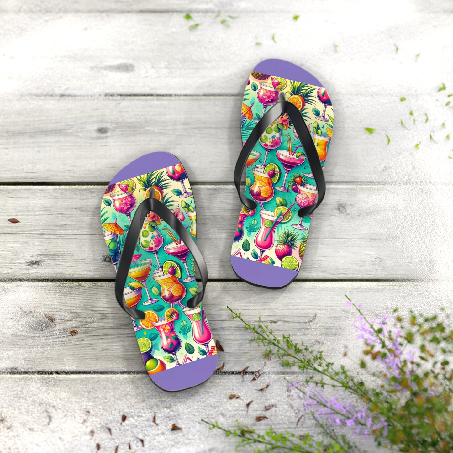 Tropical Cocktail Paradise Flip Flops - Fun and Festive Vacation Footwear