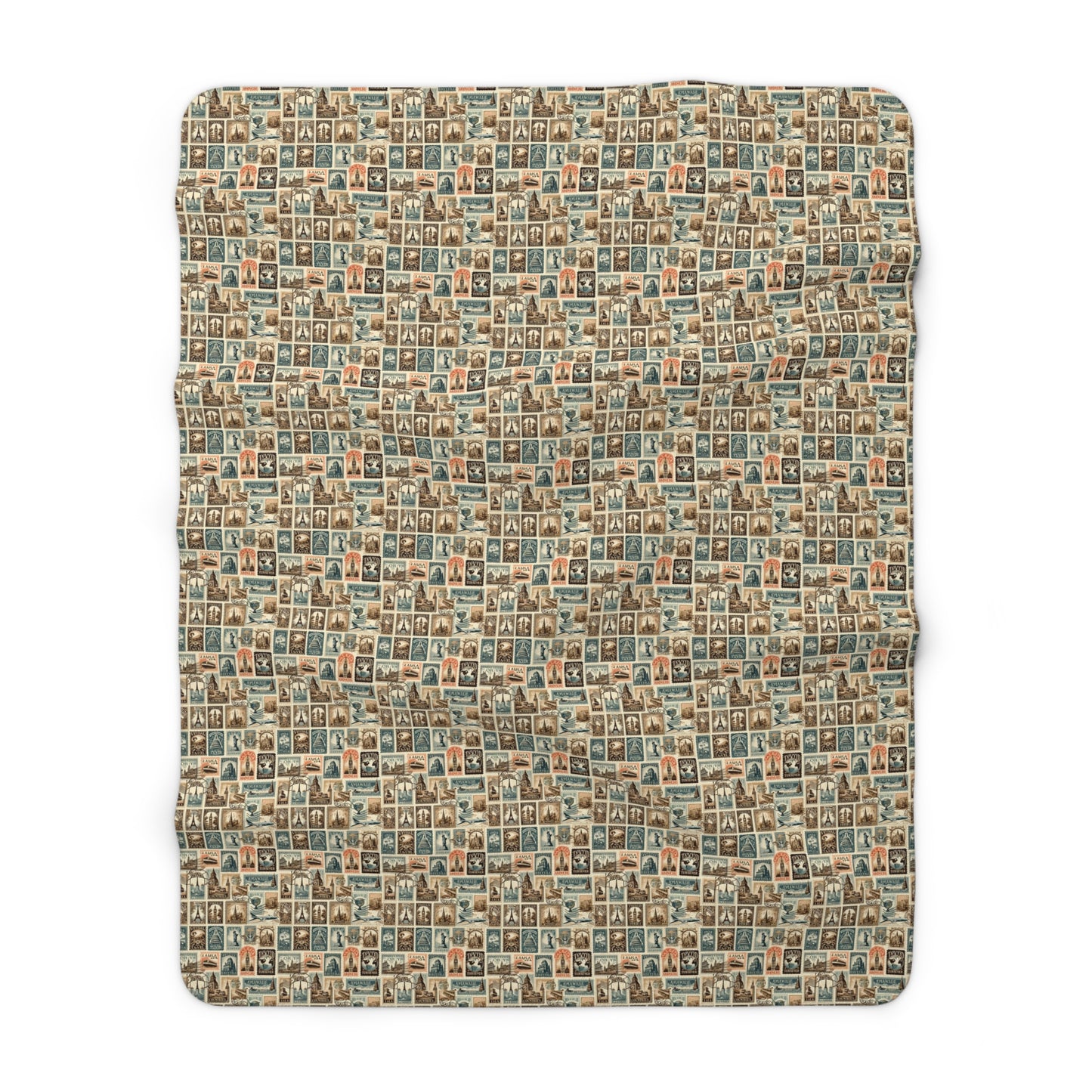 World Explorer's Dream Sherpa Fleece Blanket - Vintage Travel Stamps Design