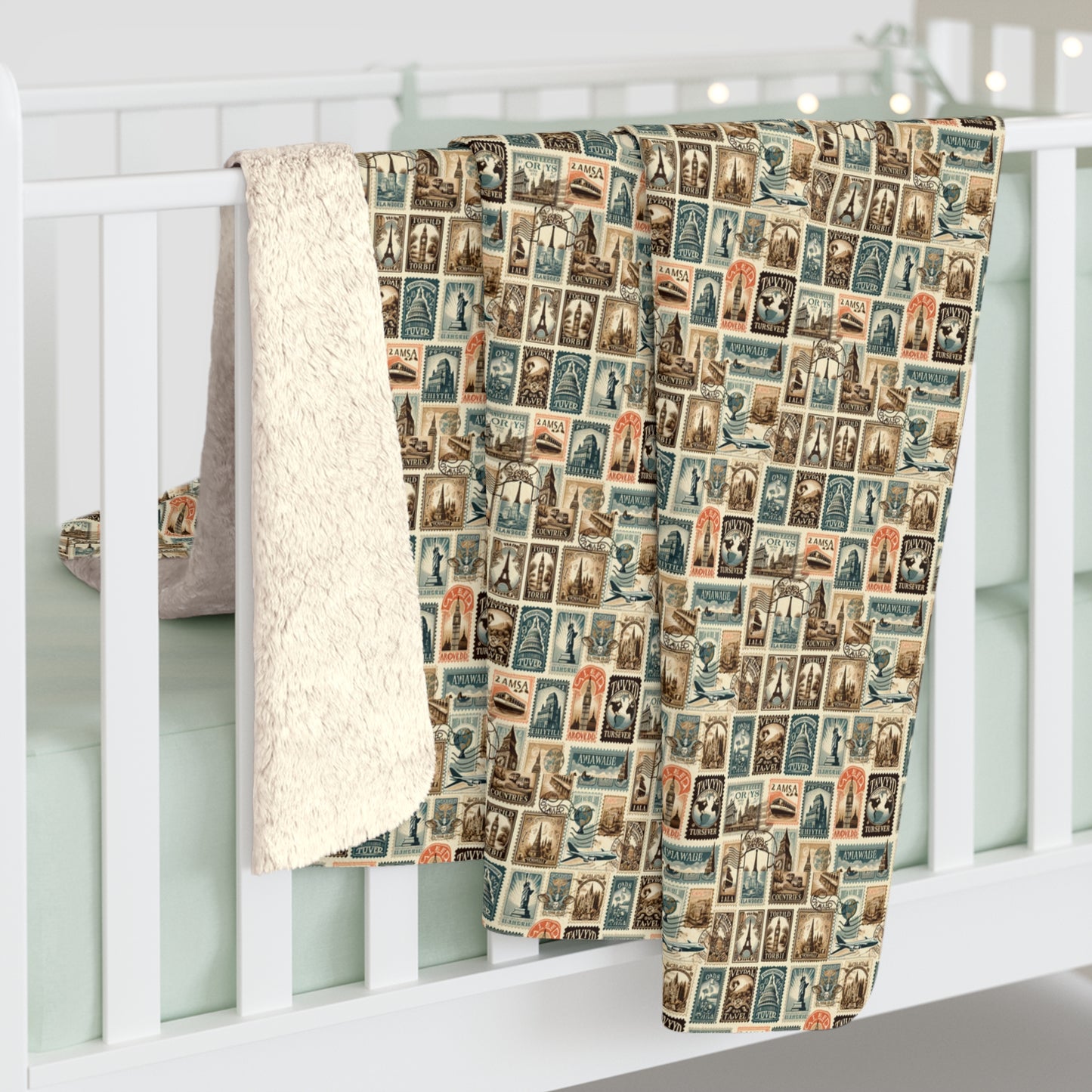 World Explorer's Dream Sherpa Fleece Blanket - Vintage Travel Stamps Design