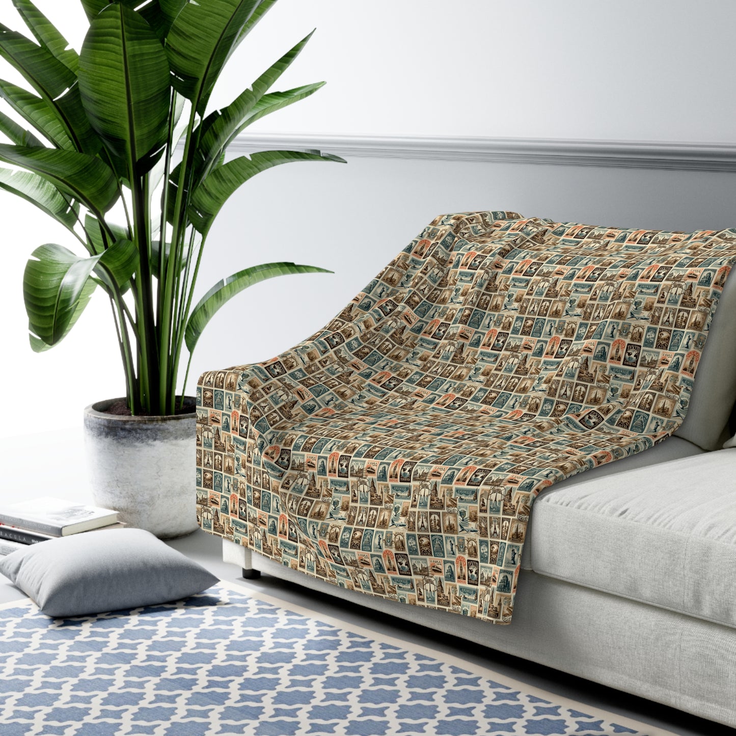 World Explorer's Dream Sherpa Fleece Blanket - Vintage Travel Stamps Design
