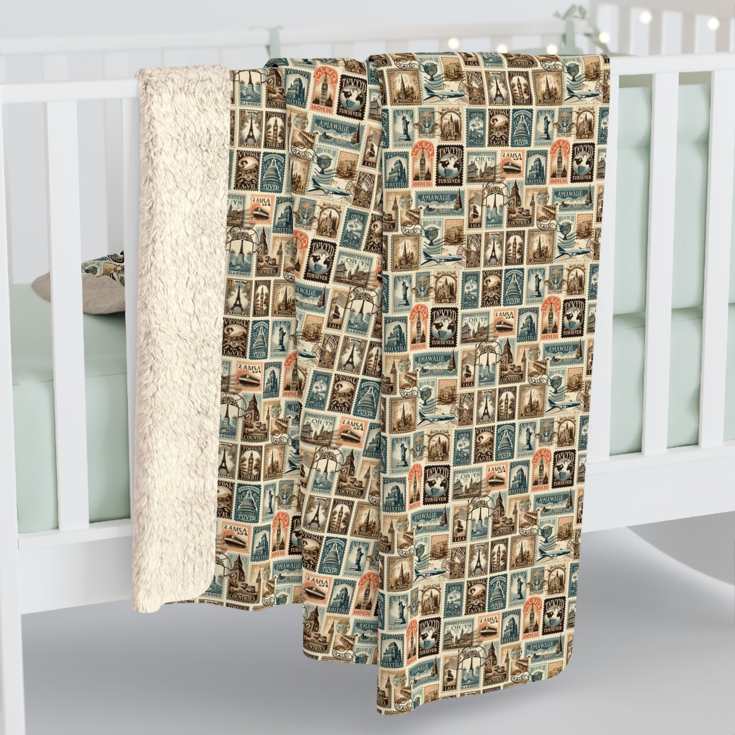 World Explorer's Dream Sherpa Fleece Blanket - Vintage Travel Stamps Design