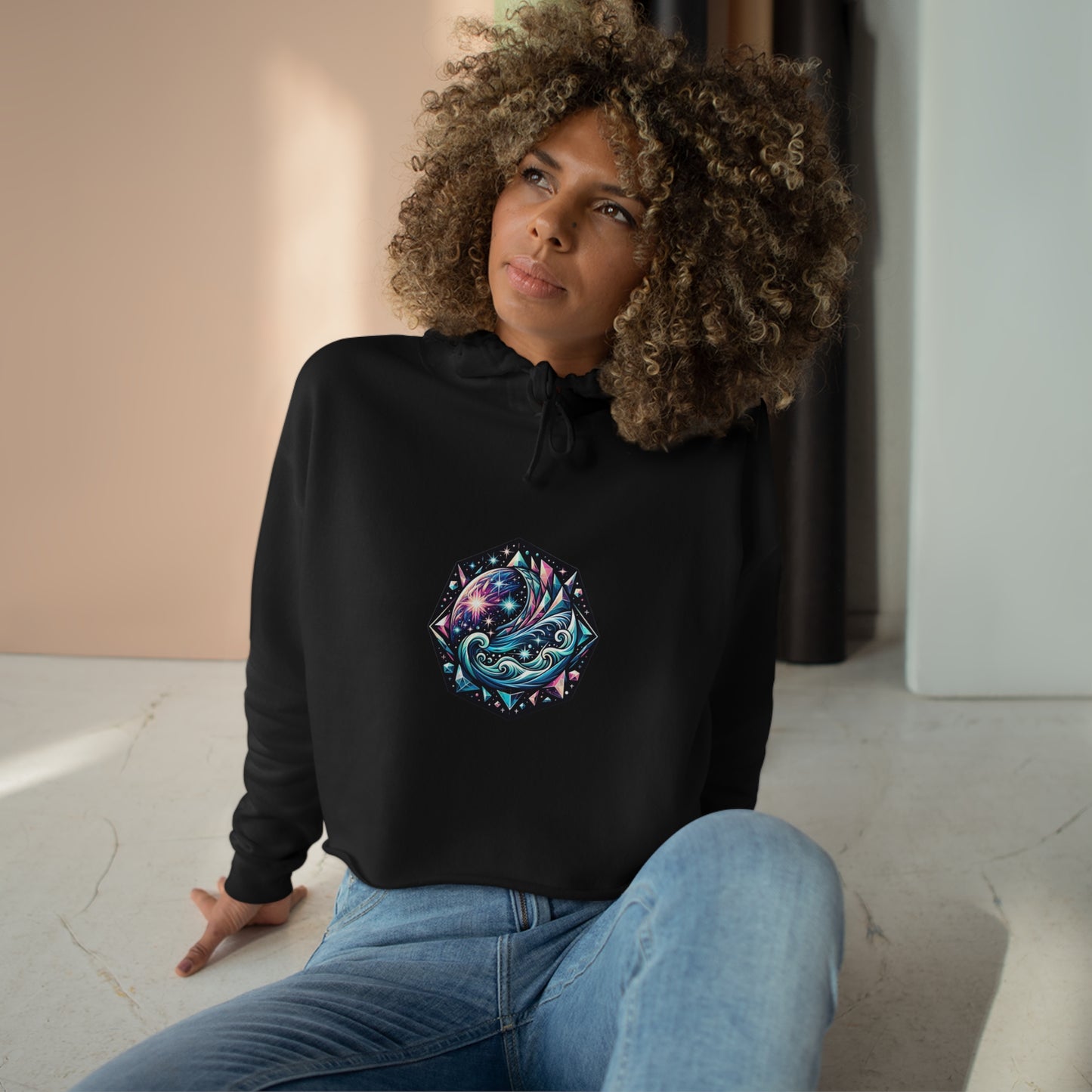 Cosmic Charm Crop Top Hoodie - Chic and Fun Geometric Star Design