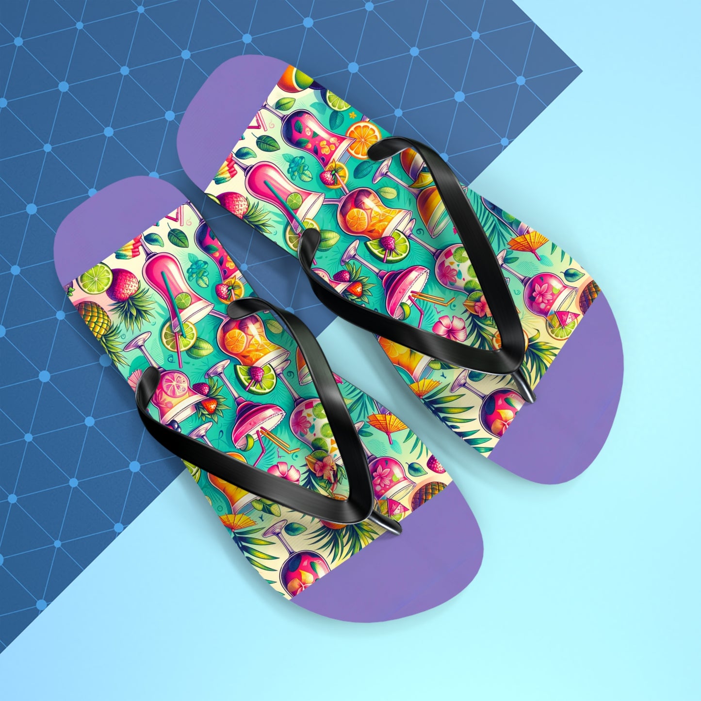 Tropical Cocktail Paradise Flip Flops - Fun and Festive Vacation Footwear