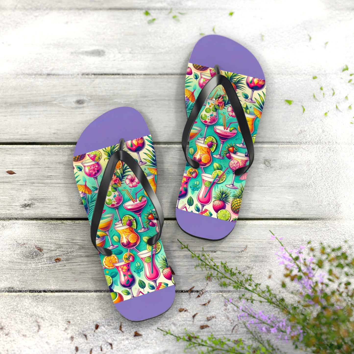 Tropical Cocktail Paradise Flip Flops - Fun and Festive Vacation Footwear