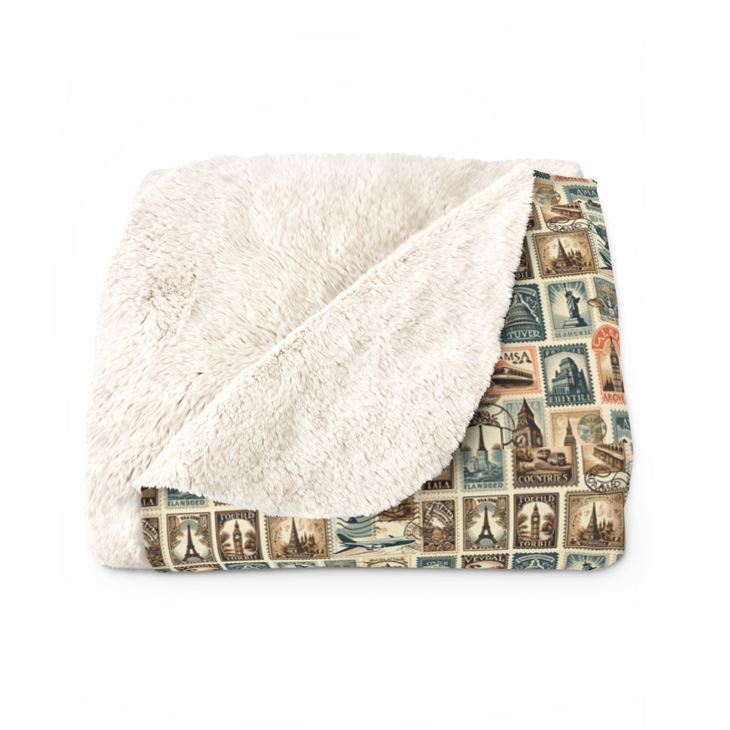 World Explorer's Dream Sherpa Fleece Blanket - Vintage Travel Stamps Design