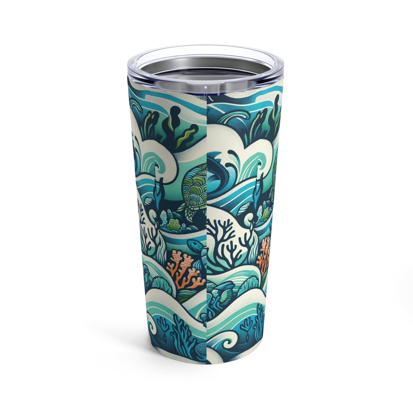 Oceanic Adventure 20oz Tumbler - Sea Life & Wave Design, Aquatic Blue & Green