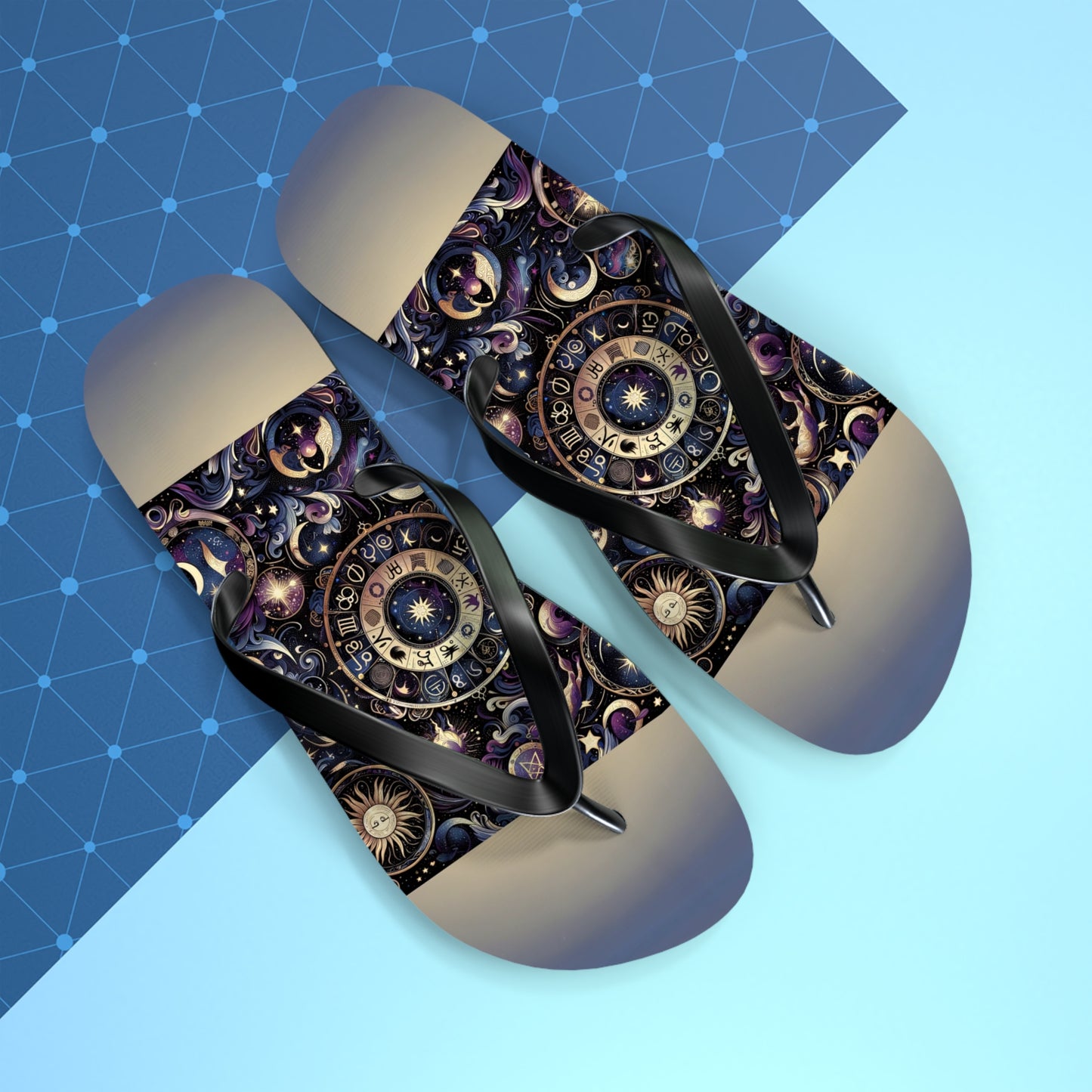 Cosmic Zodiac Wonders Flip Flops - Mystical Astrology-Inspired Footwear