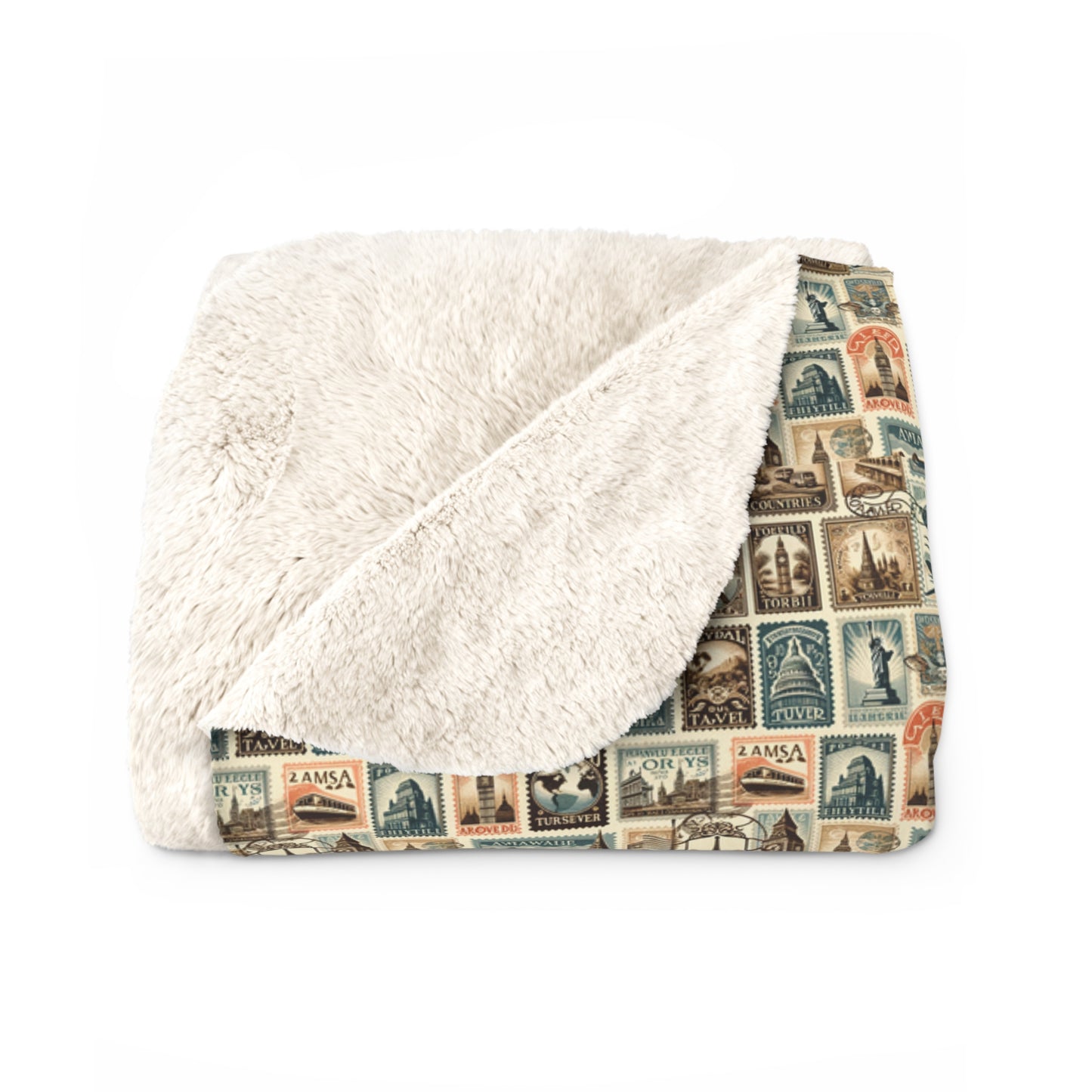 World Explorer's Dream Sherpa Fleece Blanket - Vintage Travel Stamps Design