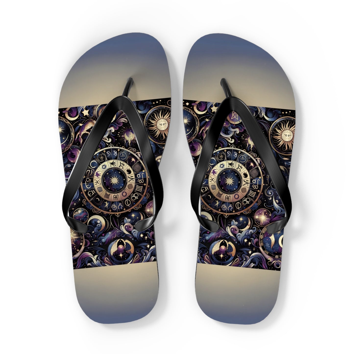 Cosmic Zodiac Wonders Flip Flops - Mystical Astrology-Inspired Footwear