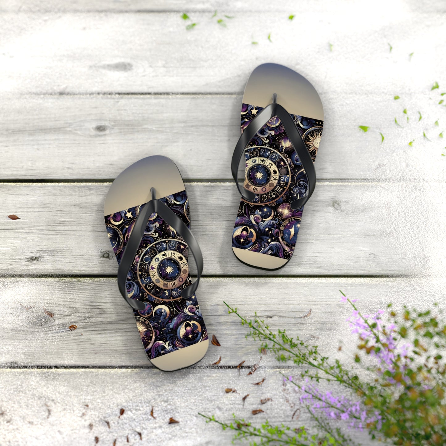 Cosmic Zodiac Wonders Flip Flops - Mystical Astrology-Inspired Footwear