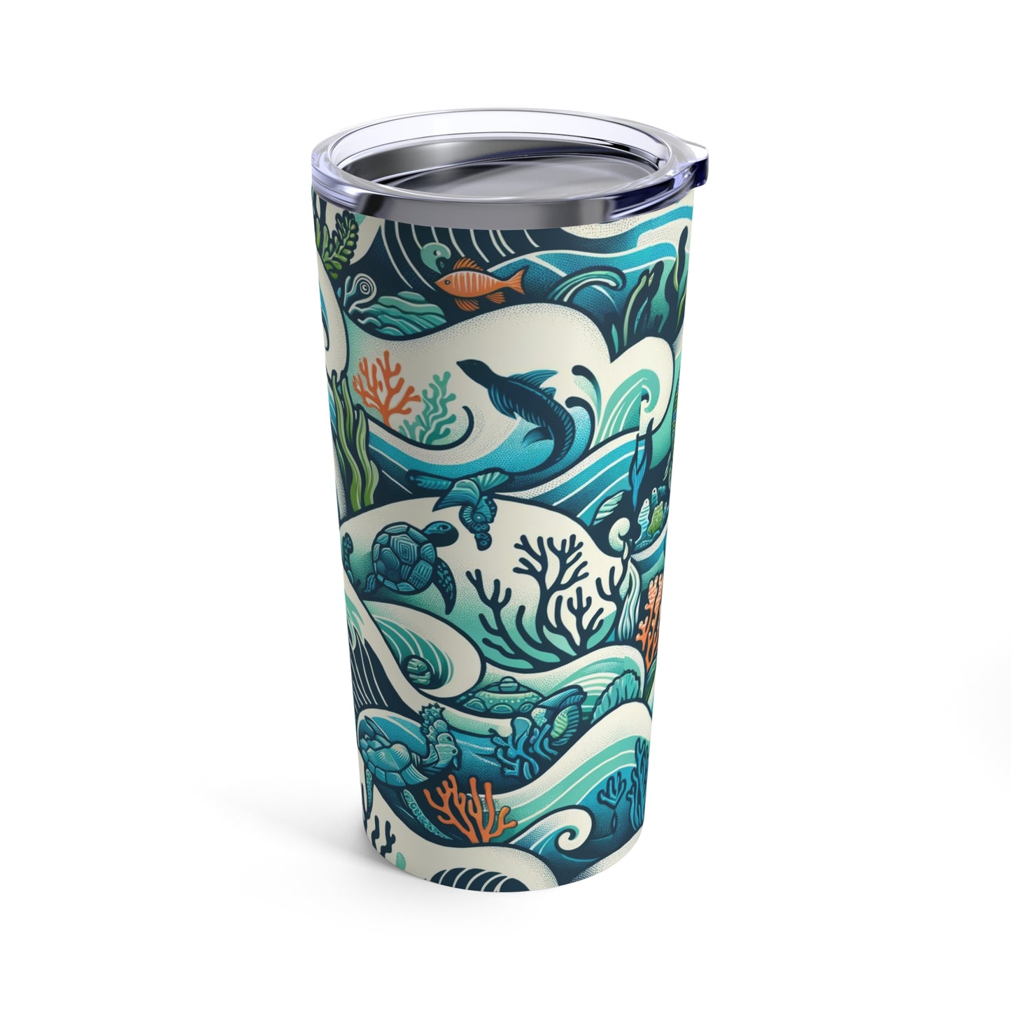 Oceanic Adventure 20oz Tumbler - Sea Life & Wave Design, Aquatic Blue & Green