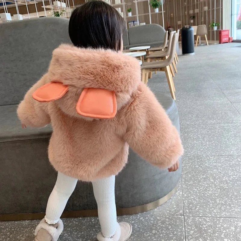 Cute Big Ears Plush Baby Jacket Autumn Winter Warm Faux Fur Coats For Girls Hooded Snow Coat Soft Children Outwear Clothing