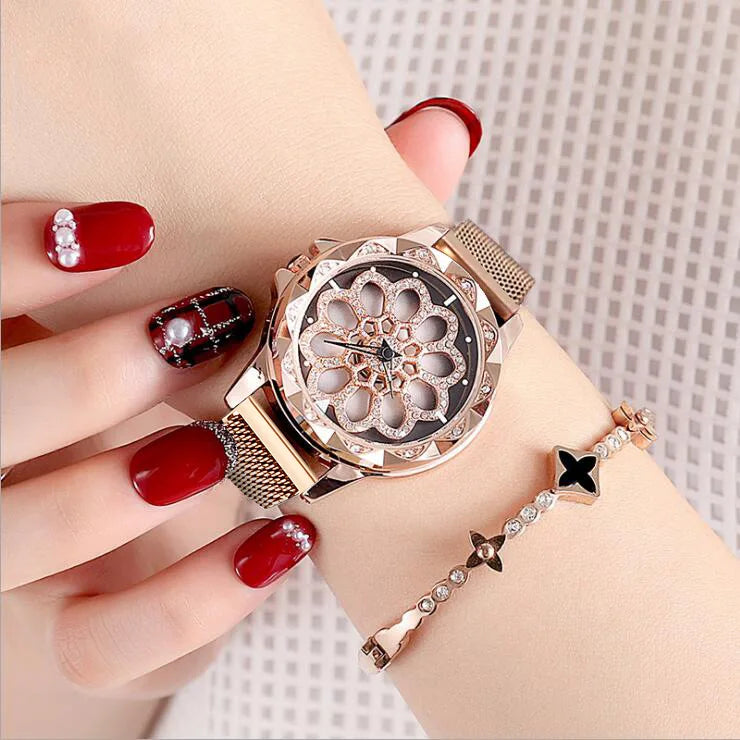 UTHAI CQ30 women watches rose gold clock wristwatch ladies women‘s watch quartz Rhinestones Spin flower Transparent luxury 2020
