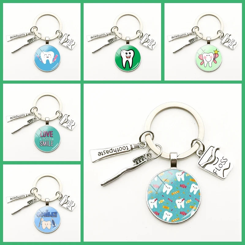 Cute Dentist Keychain Clean Teeth Floss Box Pendant Key Ring Toothpaste Toothbrush Charm Bag Fashion Key Chains Gift Men Women