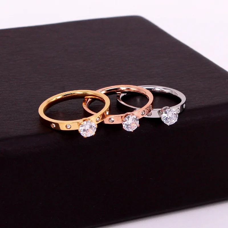 Love Jewelry Titanuim Steel Rose Gold Color Ring Crystal Ring For Women Couple Finger Rings Wedding Size5-9 R008