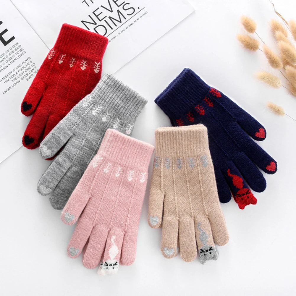 Vintage Christmas Deer Knitted Gloves Women Thicken Touch Screen Gloves Winter Warm Snow Full Finger Mittens Xmas Gift Women Fin