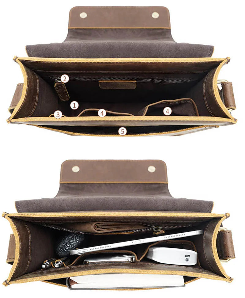 Vintage Crazy Horse Leather Shoulder Bag for Men - Versatile Zip Around Crossbody & Briefcase
