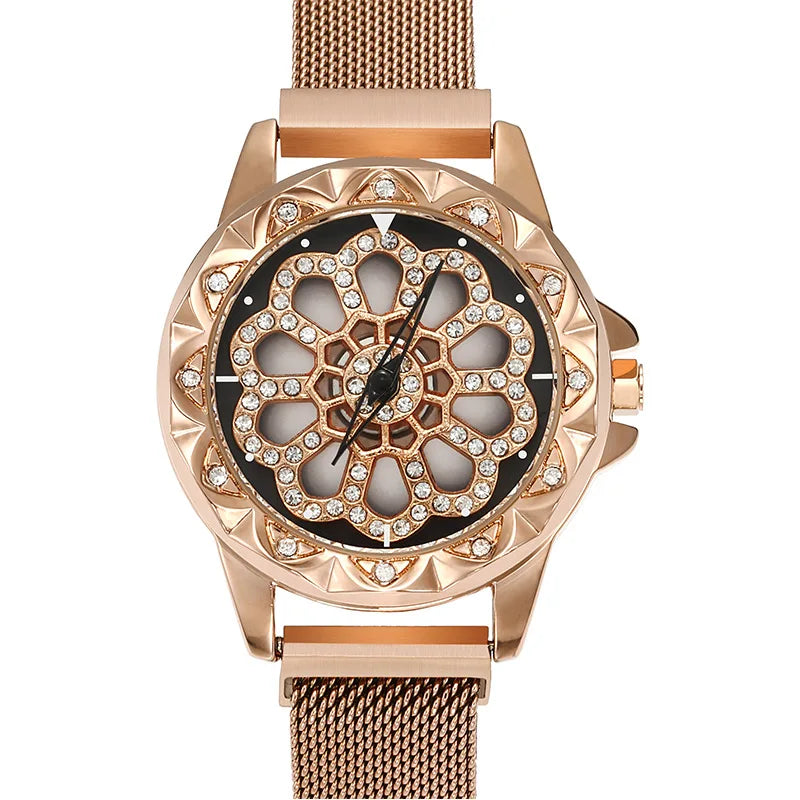 UTHAI CQ30 women watches rose gold clock wristwatch ladies women‘s watch quartz Rhinestones Spin flower Transparent luxury 2020