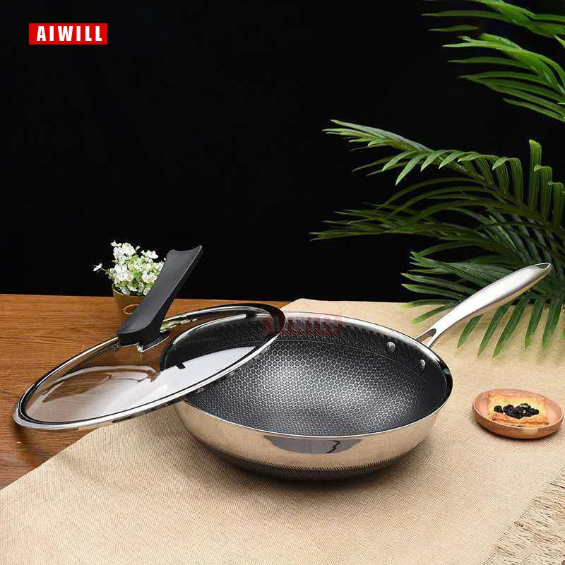 AIWILL 32cm/34cm Nonstick Wok 304 Full Stainless Steel Wok No Fume Coating-Free Gift Cookware