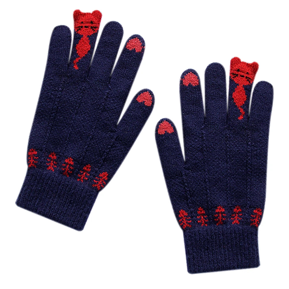 Vintage Christmas Deer Knitted Gloves Women Thicken Touch Screen Gloves Winter Warm Snow Full Finger Mittens Xmas Gift Women Fin