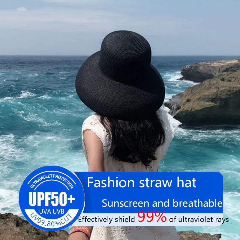 2021 Female Summer women's hat Hepburn Style Vintage Design Wide side Straw Hat Solid Color Beach Holiday Beach Hat Big Sun Hat