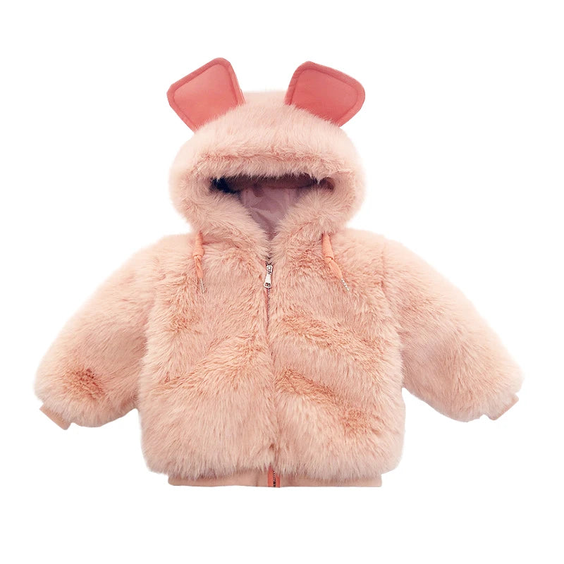 Cute Big Ears Plush Baby Jacket Autumn Winter Warm Faux Fur Coats For Girls Hooded Snow Coat Soft Children Outwear Clothing