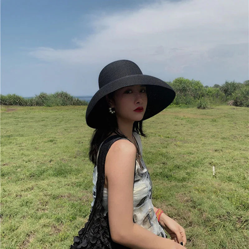 2021 Female Summer women's hat Hepburn Style Vintage Design Wide side Straw Hat Solid Color Beach Holiday Beach Hat Big Sun Hat