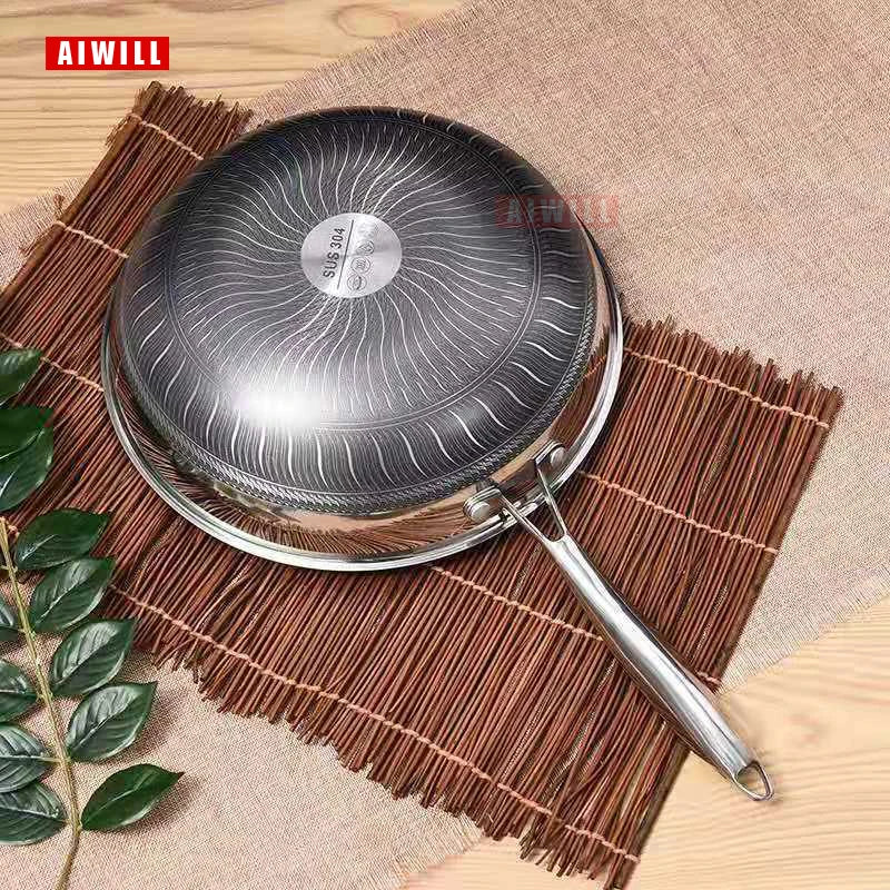 AIWILL 32cm/34cm Nonstick Wok 304 Full Stainless Steel Wok No Fume Coating-Free Gift Cookware