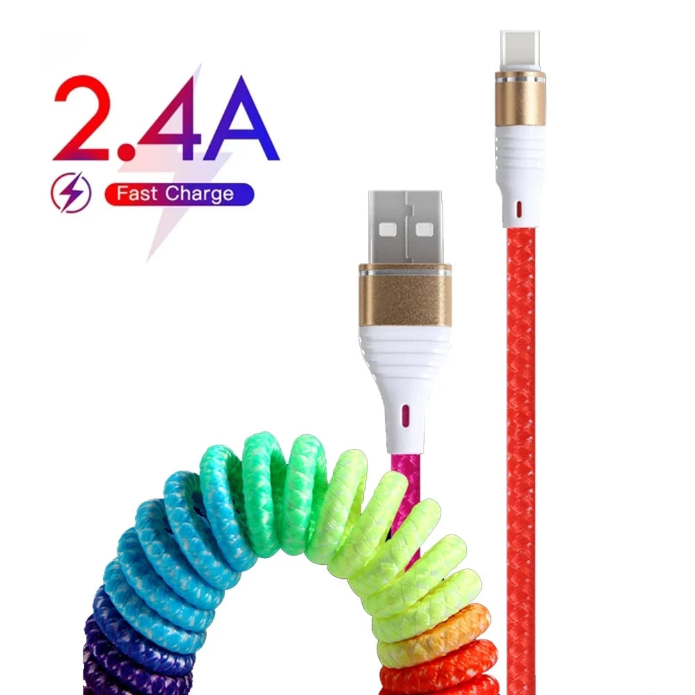 2024 New Rainbow Spring USB Cable 2.4A Fast Charging Cable Data Cable Type C Micro USB Flexible Elastic Stretch Charger Cable