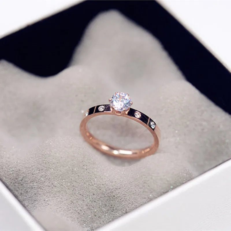 Love Jewelry Titanuim Steel Rose Gold Color Ring Crystal Ring For Women Couple Finger Rings Wedding Size5-9 R008