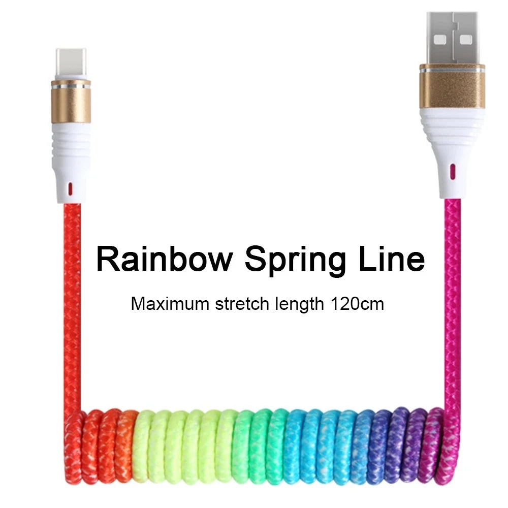 2024 New Rainbow Spring USB Cable 2.4A Fast Charging Cable Data Cable Type C Micro USB Flexible Elastic Stretch Charger Cable