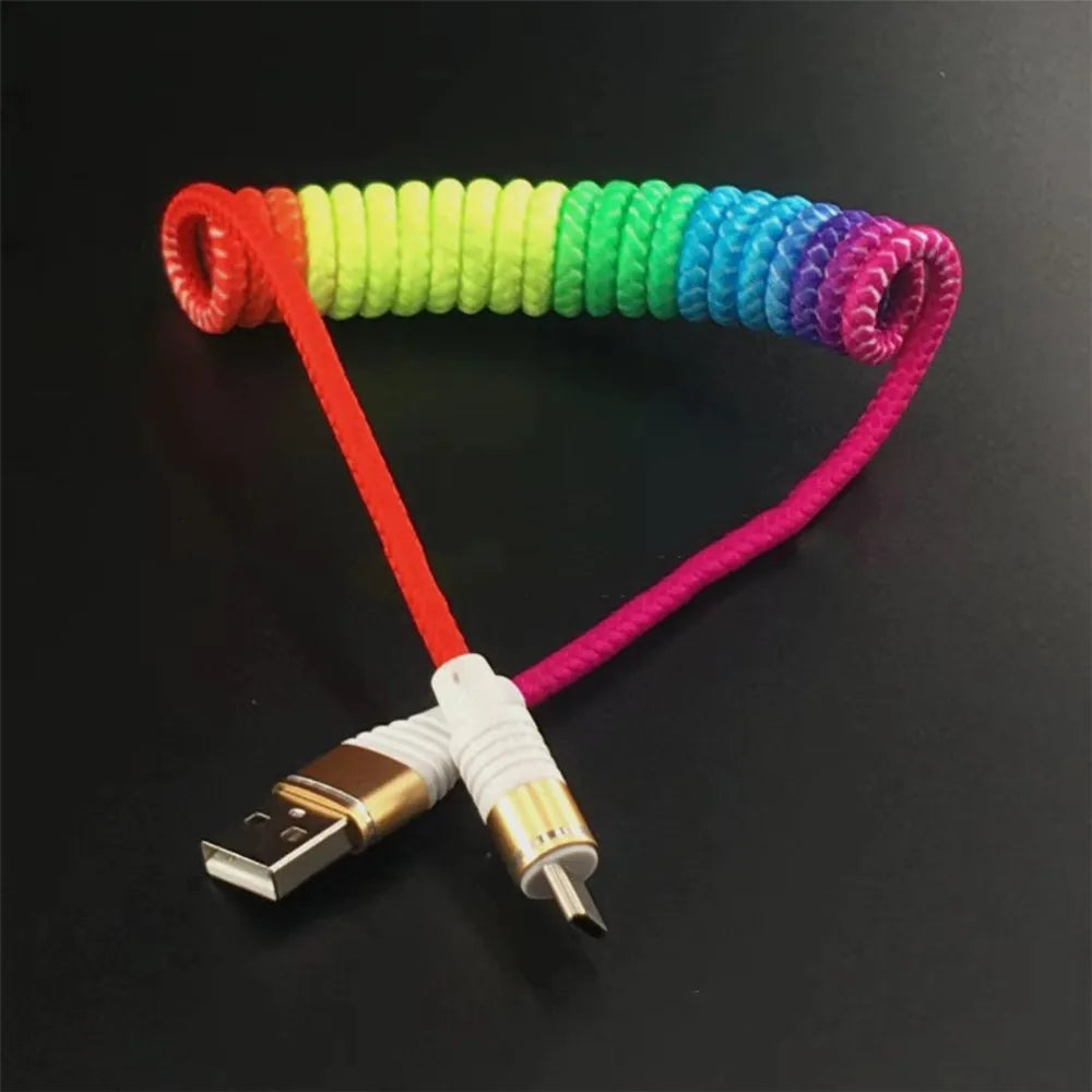 2024 New Rainbow Spring USB Cable 2.4A Fast Charging Cable Data Cable Type C Micro USB Flexible Elastic Stretch Charger Cable