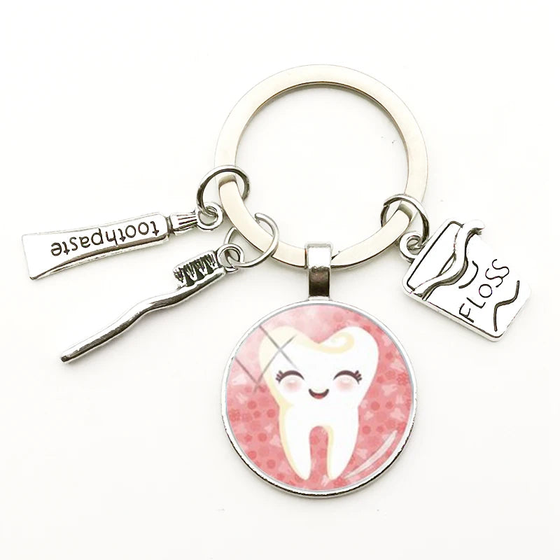 Cute Dentist Keychain Clean Teeth Floss Box Pendant Key Ring Toothpaste Toothbrush Charm Bag Fashion Key Chains Gift Men Women