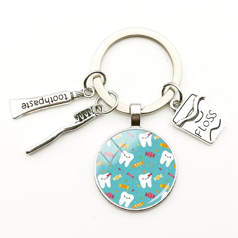 Cute Dentist Keychain Clean Teeth Floss Box Pendant Key Ring Toothpaste Toothbrush Charm Bag Fashion Key Chains Gift Men Women
