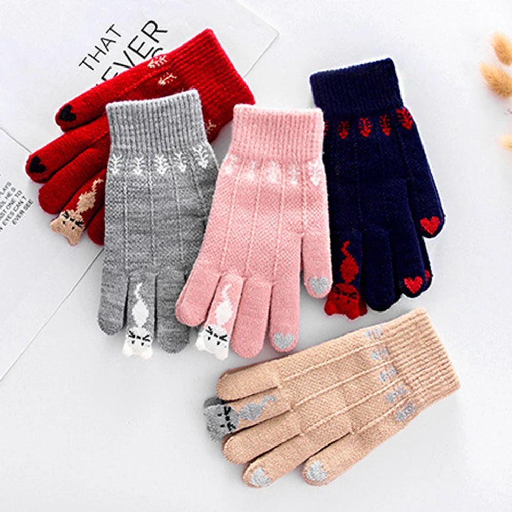 Vintage Christmas Deer Knitted Gloves Women Thicken Touch Screen Gloves Winter Warm Snow Full Finger Mittens Xmas Gift Women Fin