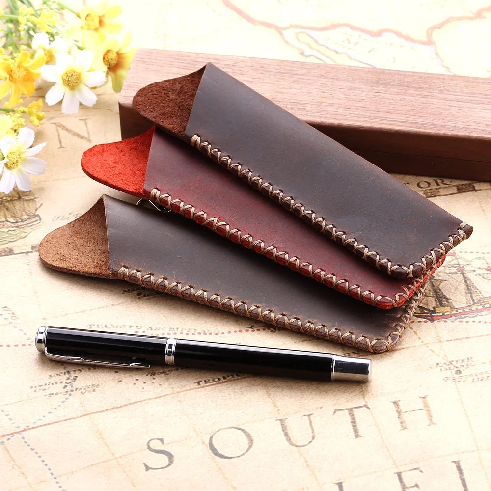 Genuine Leather Pencil Pouch Holder Double Pen Bag Sleeve For Fountain/Ballpoint Pen