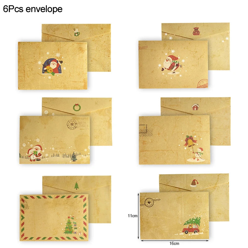 6pcs Vintage Christmas Kraft Letter Paper Santa Claus Snowman Letter Pad Gift Envelopes Xmas Party DIY Invitation Greeting Card