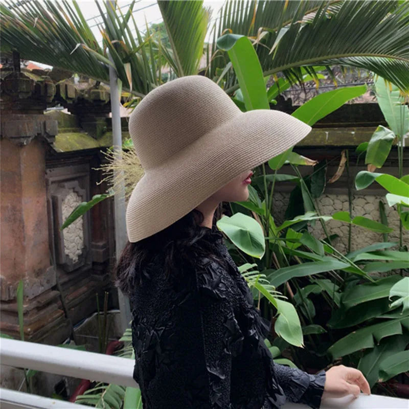 2021 Female Summer women's hat Hepburn Style Vintage Design Wide side Straw Hat Solid Color Beach Holiday Beach Hat Big Sun Hat