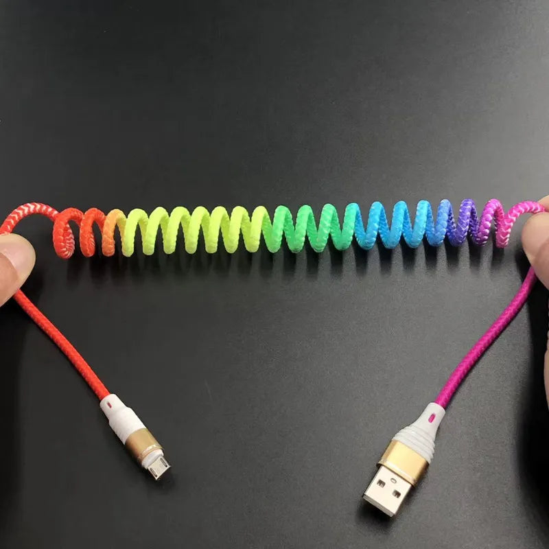2024 New Rainbow Spring USB Cable 2.4A Fast Charging Cable Data Cable Type C Micro USB Flexible Elastic Stretch Charger Cable