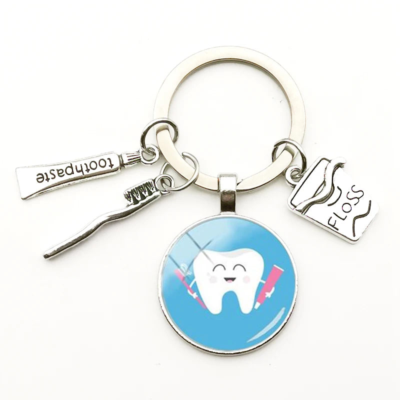 Cute Dentist Keychain Clean Teeth Floss Box Pendant Key Ring Toothpaste Toothbrush Charm Bag Fashion Key Chains Gift Men Women