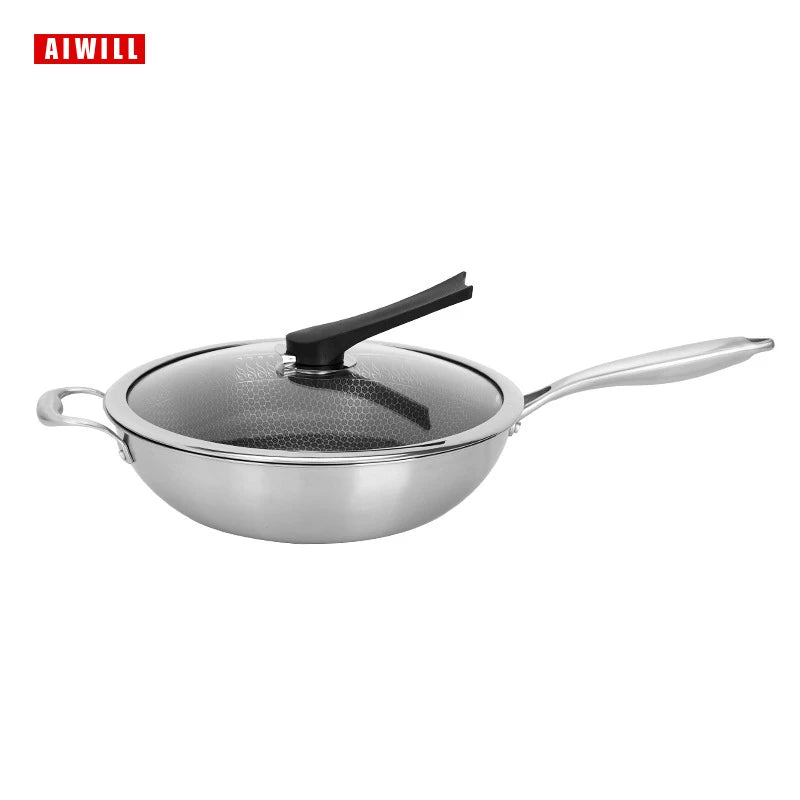 AIWILL 32cm/34cm Nonstick Wok 304 Full Stainless Steel Wok No Fume Coating-Free Gift Cookware