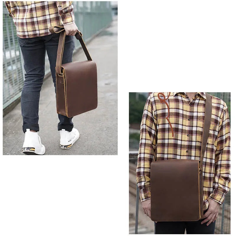 Vintage Crazy Horse Leather Shoulder Bag for Men - Versatile Zip Around Crossbody & Briefcase