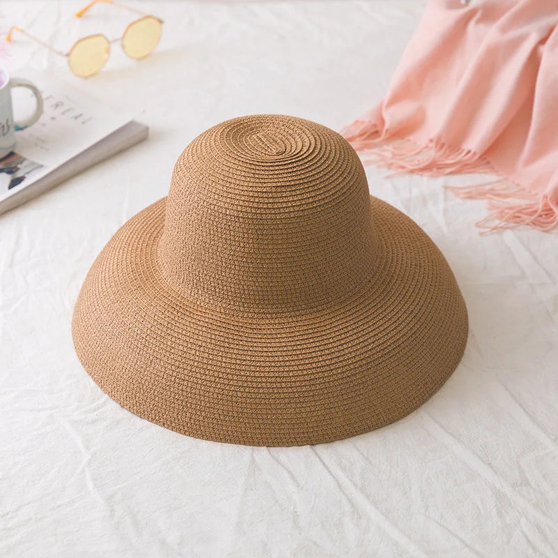 2021 Female Summer women's hat Hepburn Style Vintage Design Wide side Straw Hat Solid Color Beach Holiday Beach Hat Big Sun Hat