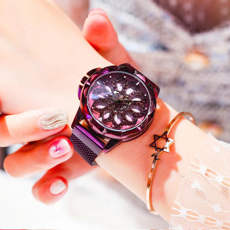 UTHAI CQ30 women watches rose gold clock wristwatch ladies women‘s watch quartz Rhinestones Spin flower Transparent luxury 2020