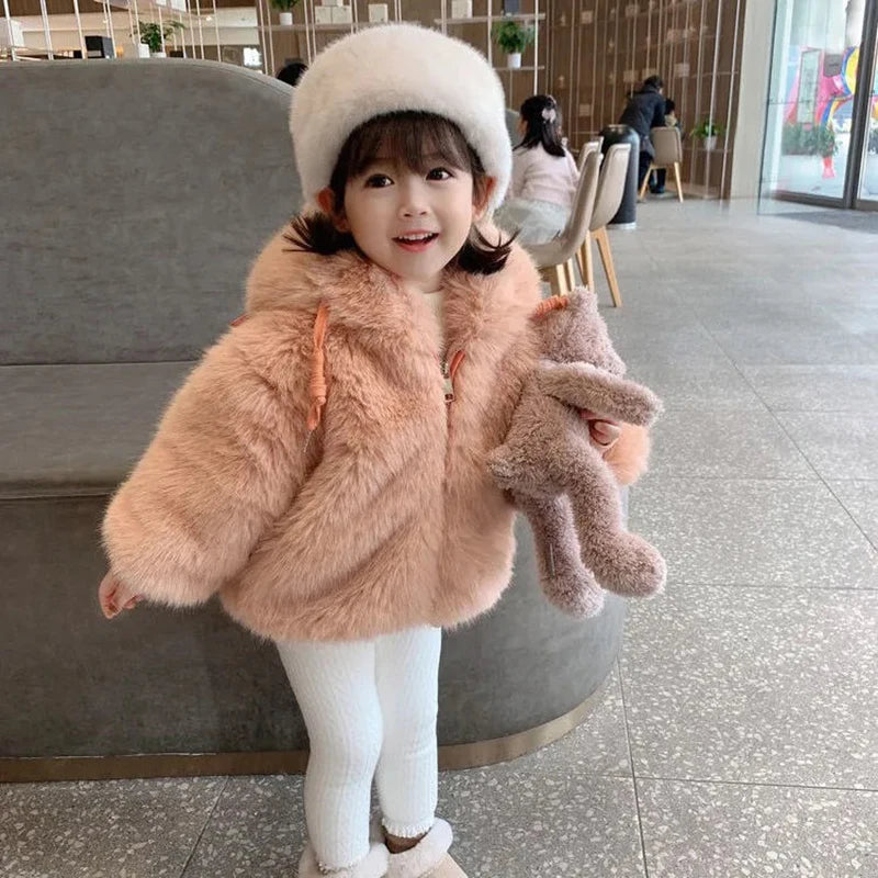 Cute Big Ears Plush Baby Jacket Autumn Winter Warm Faux Fur Coats For Girls Hooded Snow Coat Soft Children Outwear Clothing