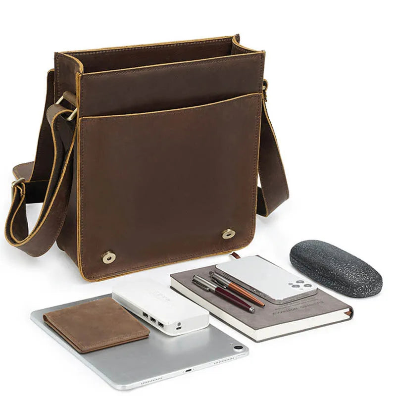 Vintage Crazy Horse Leather Shoulder Bag for Men - Versatile Zip Around Crossbody & Briefcase