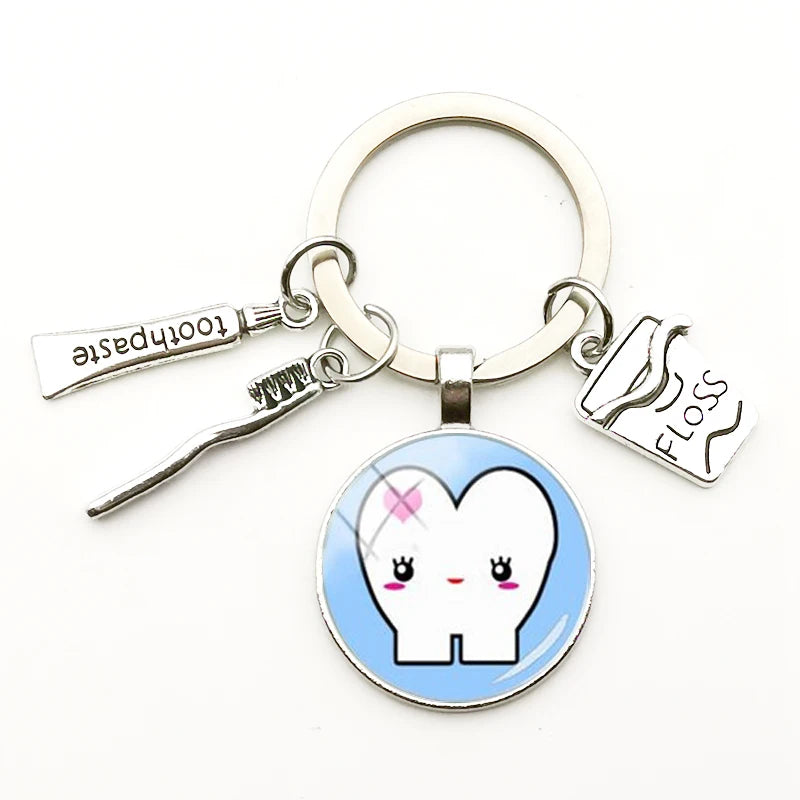 Cute Dentist Keychain Clean Teeth Floss Box Pendant Key Ring Toothpaste Toothbrush Charm Bag Fashion Key Chains Gift Men Women