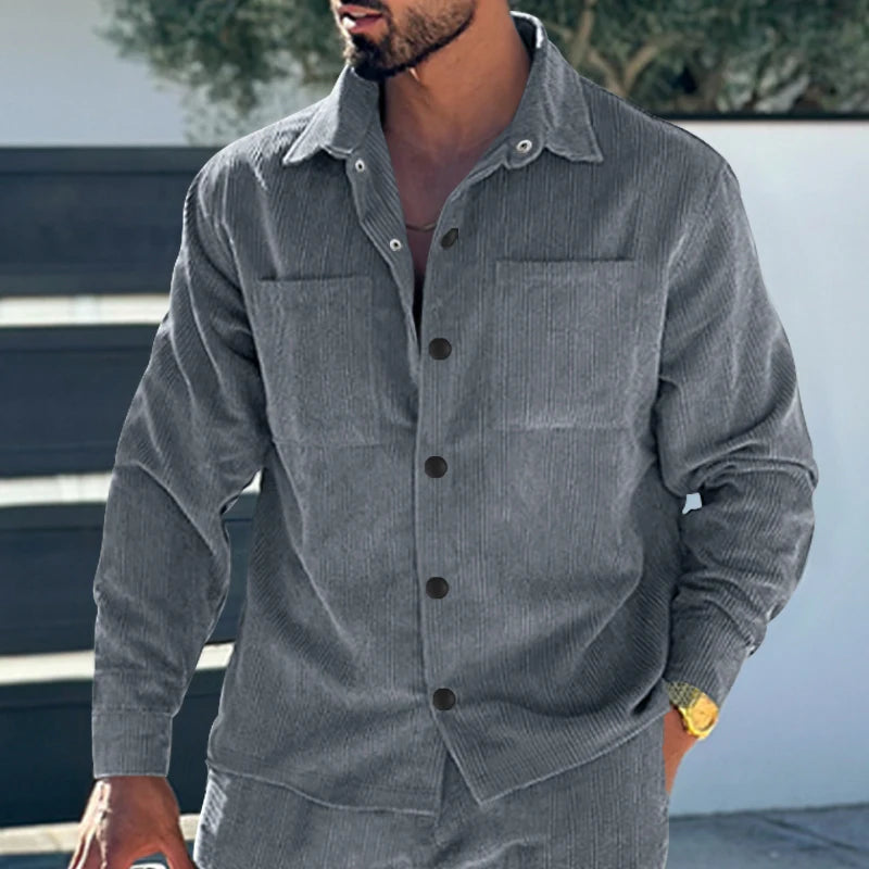 European and American men's oversized multi pocket corduroy casual button work jacket with a lapel collar