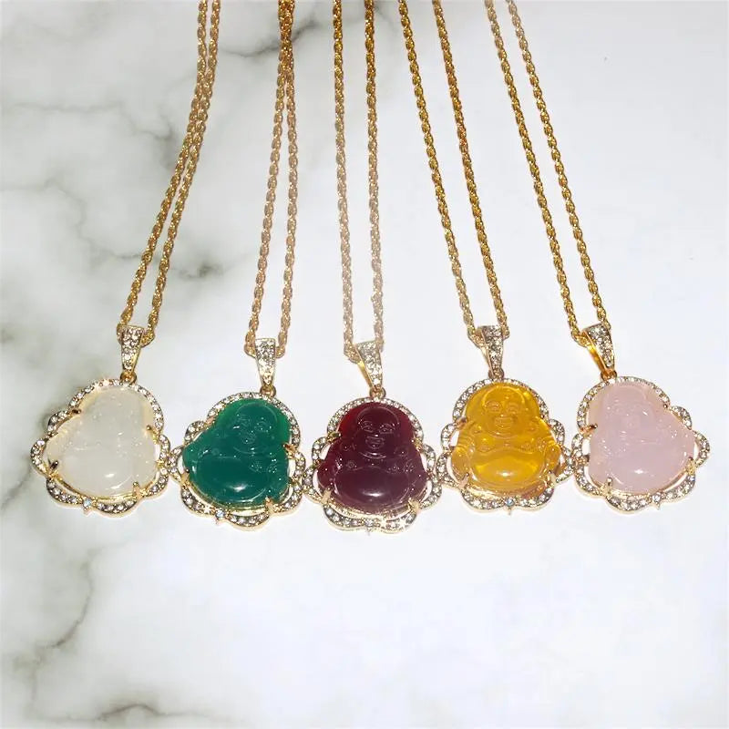 Fashion Exquisite Maitreya Buddha Pendant Necklace Inlaid with Shiny Zircon Crystal Base Ladies Lucky Amulet Fortune Jewelry